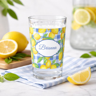 Verre Lemons & Blue Gingham Personalized Glass