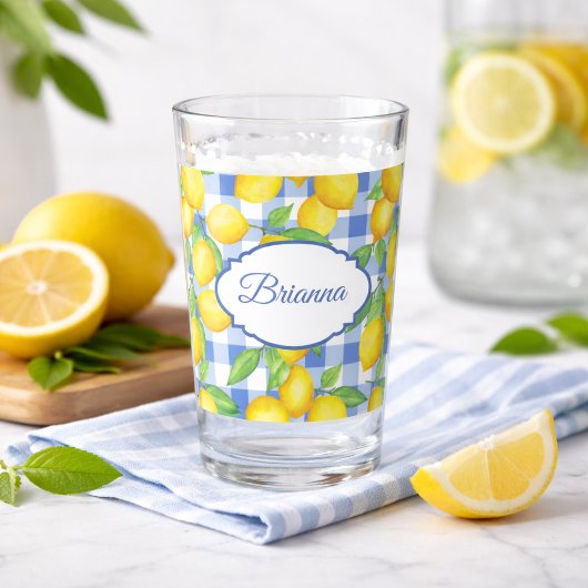 Verre Lemons & Blue Gingham Personalized Glass