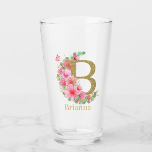 Verre Lettre B Monogramme Floral et Or Aquarelle