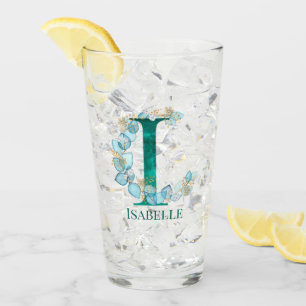 Verre Lettre monogramme I sarcelle et or aquarelle