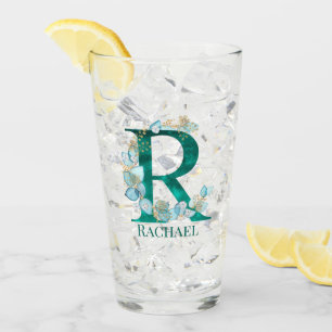 Verre Lettre monogramme R en aquarelle sarcelle et or