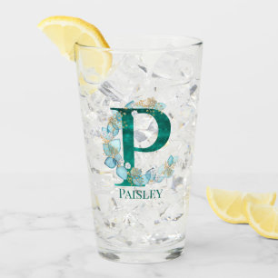 Verre Lettre P Monogramme Or et Sarcelle Aquarelle