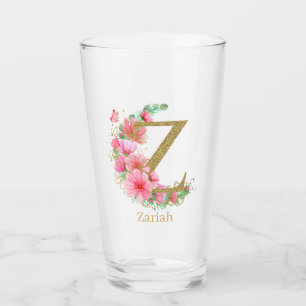 Verre Lettre Z Monogramme Floral et Or Aquarelle