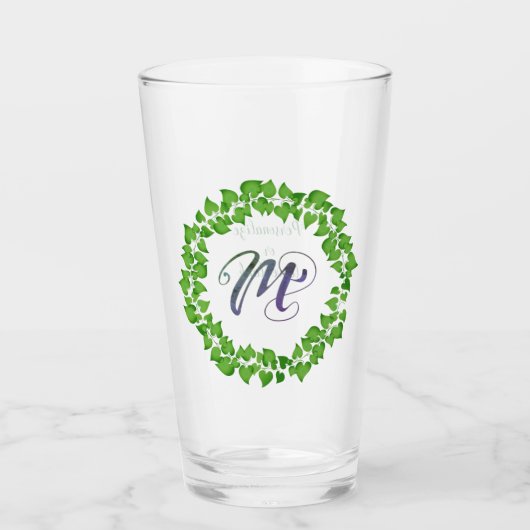 Verre M Boho initial feuillage vert Wreath mignonne joli (Devant)