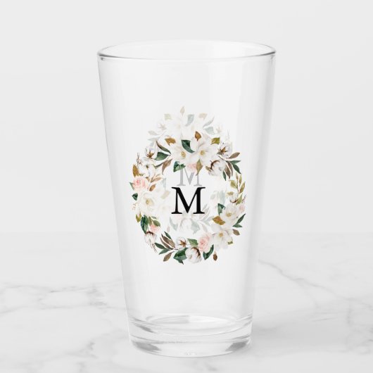 Verre Magnolia Aquarelle Bleue et Blanc Monogramme de co (Devant)