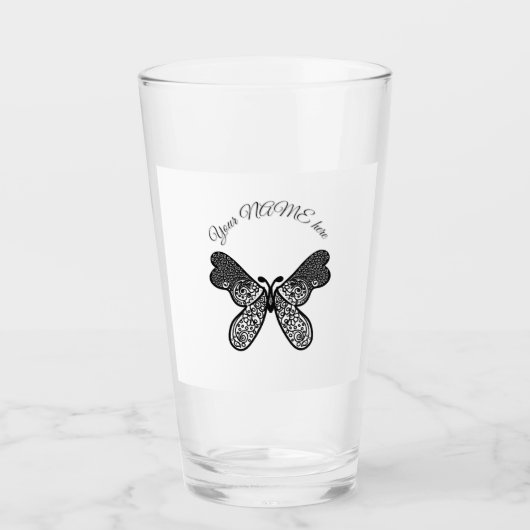 Verre Mandala papillon boho complexe noir et blanc A (Devant)