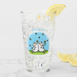 Verre Mignons amis moutons et papillons dessin animé