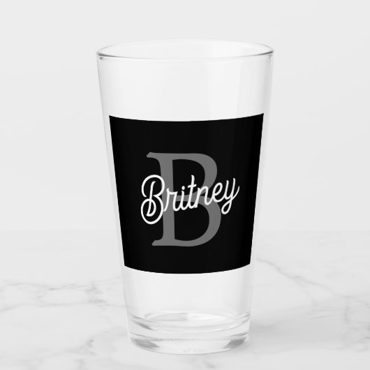 Verre Monogramme moderne élégant Nom noir Gris noir Scri (Devant)