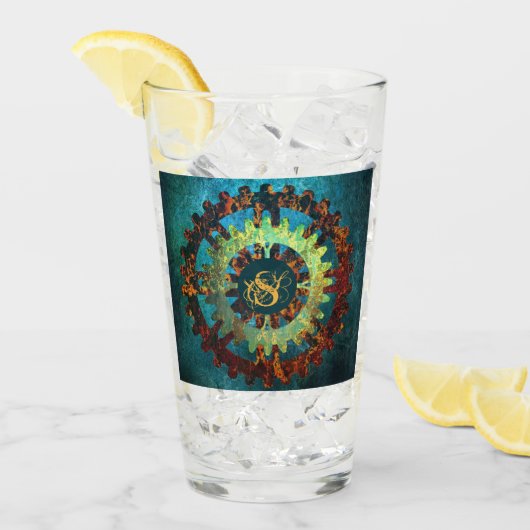 Verre Monogramme Steampunk Verdigris Rusty Cogwheel (Devant glace)