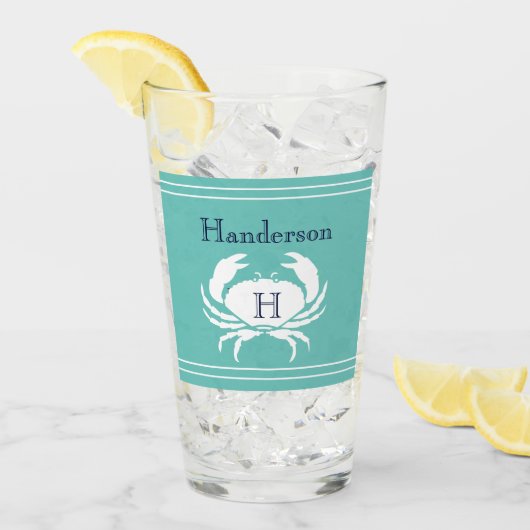 Verre Monogramme Turquoise Marine Bleu Crabe Blanc Nauti (Devant glace)