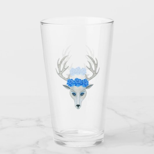 Verre Mythique White Deer Head Antlers Blue Eyes Roses (Devant)