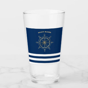 Verre Nautique, Roue de bateau dorée, Rayures bleu marin