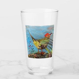 Verre oiseau à tête rouge, peinture , art contemporain