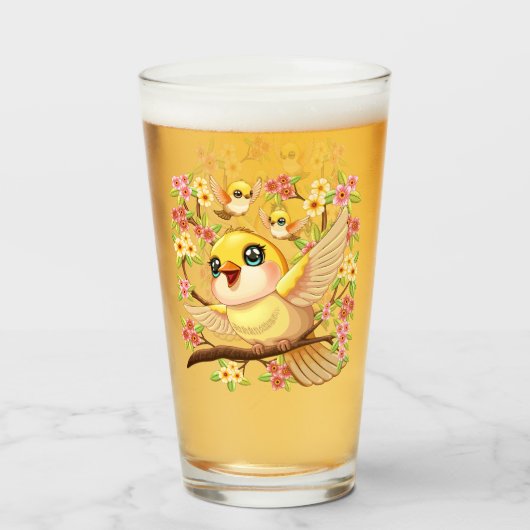 Verre Oiseaux mignons et heureux parmi les fleurs du pri (Devant (rempli))