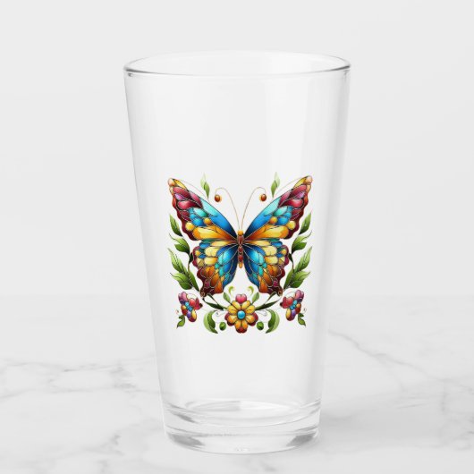 Verre Papillon en vitrail coloré avec fleurs (Devant)