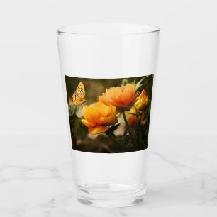 Verre Papillon orange et fleurs