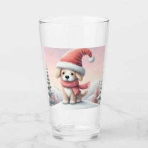 Verre Petit chiot de Noël en chapeau santa