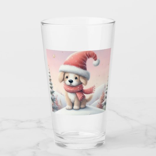 Verre Petit chiot de Noël en chapeau santa (Devant)