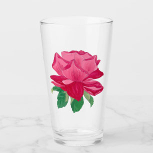 Verre Pink Magenta Aquarelle Rose Fleur & Feuilles verts