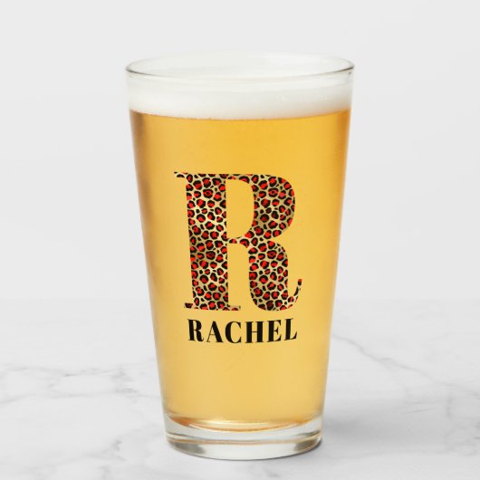 Verre R de monogramme glamour léopard rouge et or (Devant (rempli))