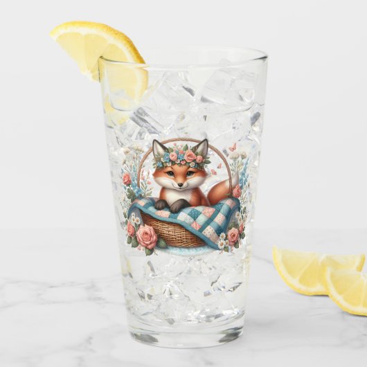 Verre Renard floral en panier avec courtepointe et fleur (Devant glace)