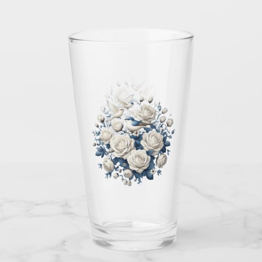 Verre Roses Blanches Et Oiseaux (Devant)