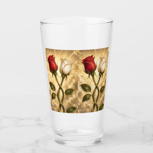 Verre Roses rouges et blanches entrelacées. (Devant)