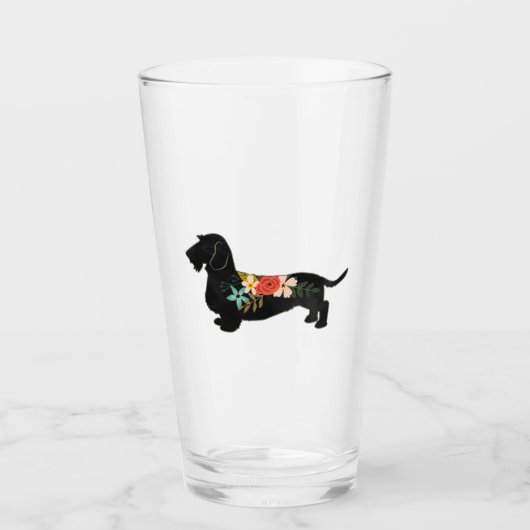 Verre Silhouette florale à poils durs Dachshund (Devant)