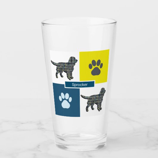 Verre Sprocker Spaniel Chien Silhouette et Paw Y&B Grid (Devant)
