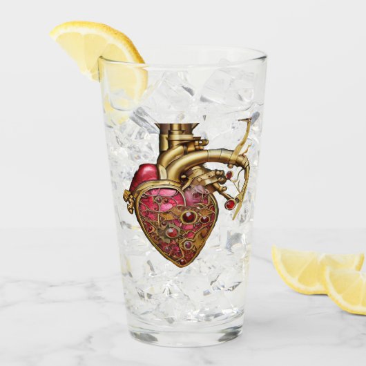 Verre Steampunk Coeur Anatomique rubis et engrenages (Devant glace)