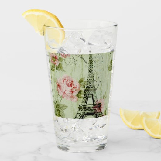 Verre tour de l' eiffel de paris à fleurs roses de print (Devant glace)