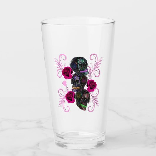 Verre Triple Jour Noir Des Crânes Morts Roses Rose (Devant)