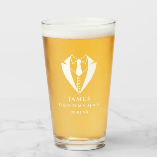 Verre Tuxedo Groomsman Personnalisé Beer Tumbler (Devant (rempli))