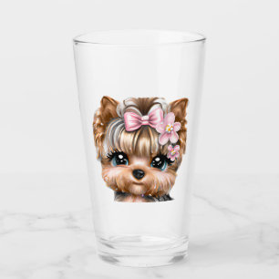 Verre Yorkie mignonne avec une corse rose