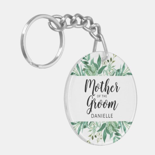 Vers gebladerte Moeder van de bruidegom Monogram Sleutelhanger (Voorkant Links)