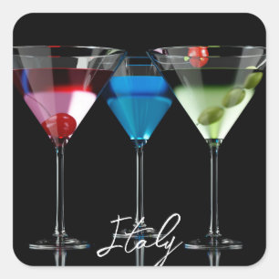 Verschillende cocktails in martinibrillen op zwart vierkante sticker