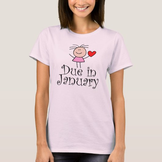 Verschuldigd in januari moederschap T-shirt (Voorkant)