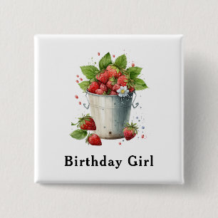 Verse aardbeien in een emmer Verjaardagsmeisje Vierkante Button 5,1 Cm