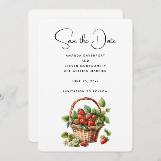 Verse aardbeien in een rieten mand save the date (Voorkant / Achterkant)