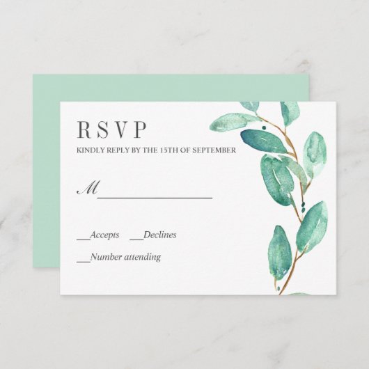 Verse eucalyptus bladeren bruiloft RSVP (Voorkant / Achterkant)