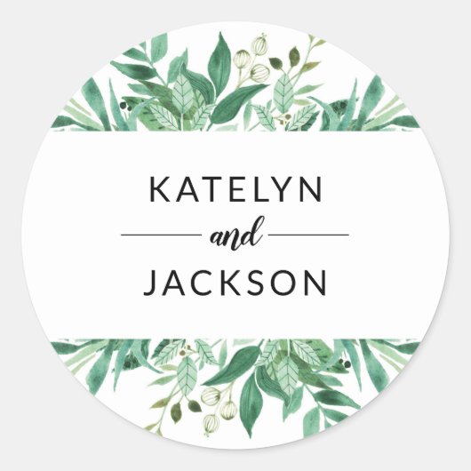 Verse Foliage Botanische Lijst Bruiloft Monogram Ronde Sticker (Voorkant)