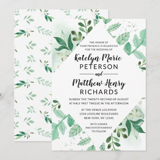 Verse Foliage Botanische Waterverf Diamond Bruilof Kaart (Voorkant / Achterkant)