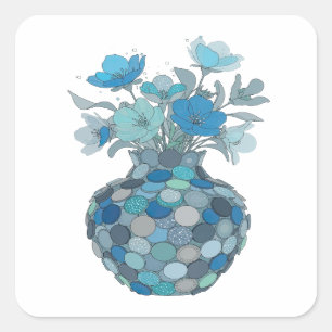 Verse Grijze BLAUWE BLOEMENVAS Decal Kunst Vierkante Sticker