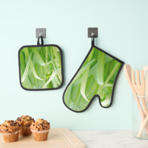 Verse groene plantenbladeren ovenwant & pannenlap set