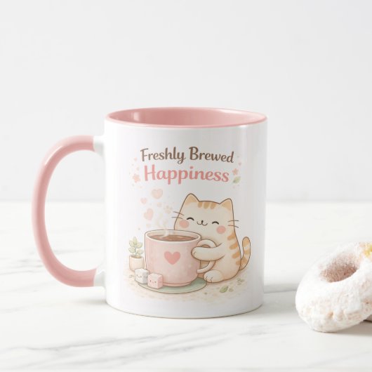 Verse Kawaii Cute Kitty Kat Koffie Roze Mok (Met donut)