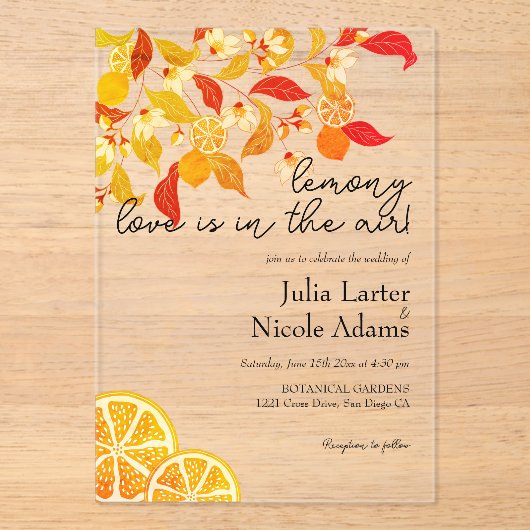 Verse Lemony Liefde Citrus Foliage Bruiloft Acryl Uitnodigingen (Voorkant)