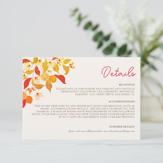 Verse Lemony Liefde Citrus Foliage Bruiloft Informatiekaartje (Staand voorkant)