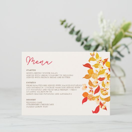 Verse Lemony Liefde Citrus Foliage Bruiloft Menu (Staand voorkant)