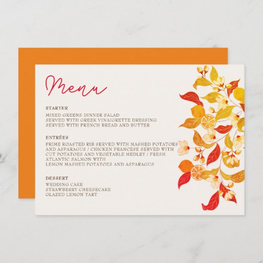 Verse Lemony Liefde Citrus Foliage Bruiloft Menu (Voorkant / Achterkant)