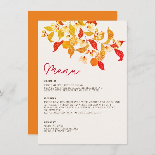 Verse Lemony Liefde Citrus Foliage Bruiloft Menu (Voorkant / Achterkant)